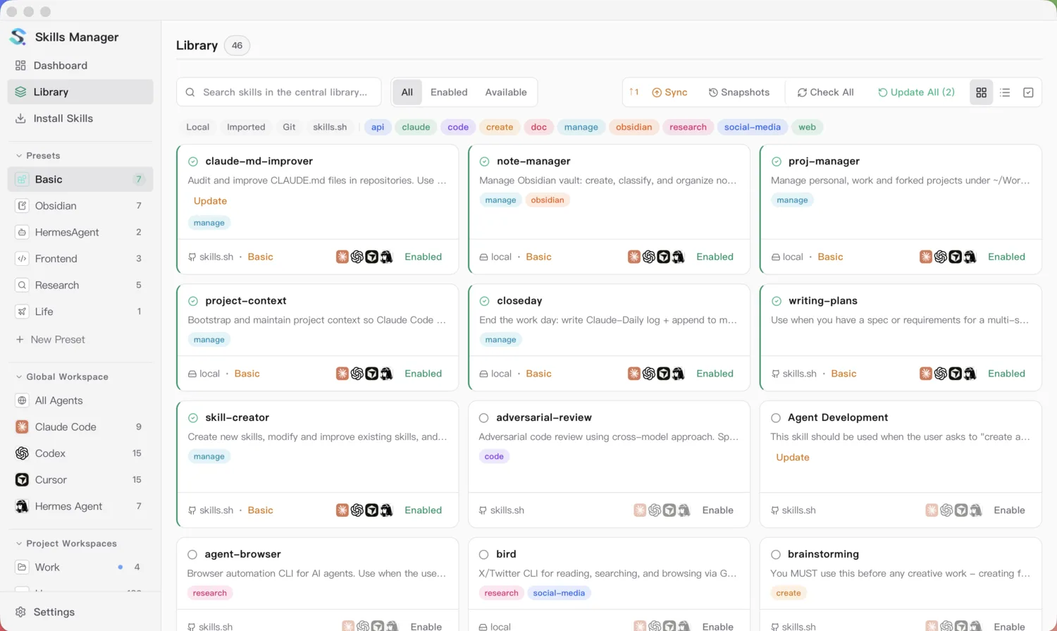 The Skills Manager library — Presets, Global Workspace (per agent) and Project Workspaces in the sidebar